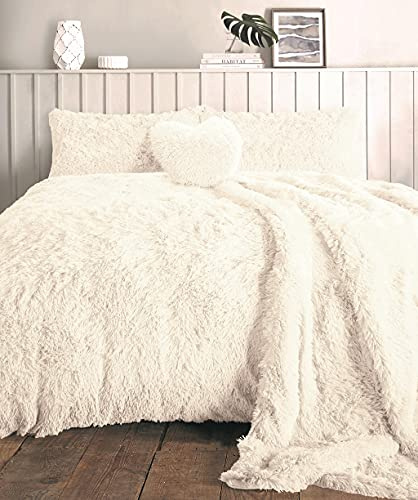 LIZZIE JACOBS Cuddles Fluffy Fur Fleece Luxurious Hug Snug Duvet Cover Sets Super Soft Warm Cosy Snuggle Long Pile Fleece Quilt Cover Sets Reversible Bedding Sets (Cream, Single)