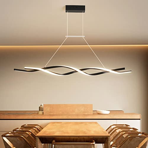 JMrider Hanging Lamp Modern LED Dining Table Pendant Light Dimmable with Remote Control Living Room Ceiling Light Wave Design Decoration Height Adjustable Chandelier Bedroom Kitchen Office,Black/120cm