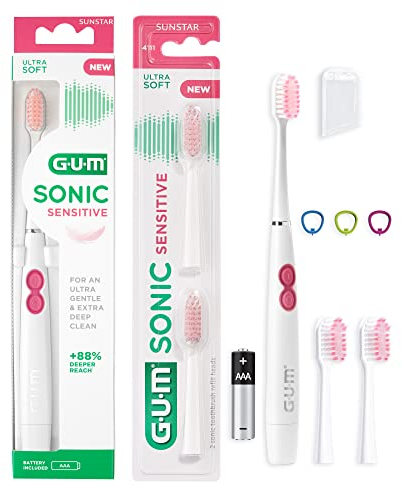 GUM Sonic Sensitive - Spazzolino elettrico alimentato a batteria, altamente portatile, fornisce una pulizia ultra delicata e profonda, 1 spazzola, 2 testine di ricambio, 1 batteria AAA, colore: bianco