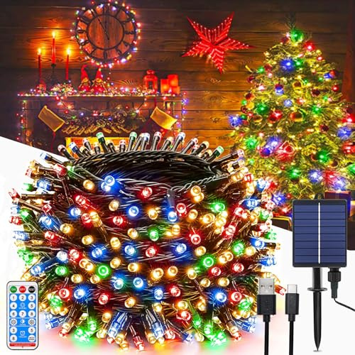 MOLVCE Solar Lichterkette Aussen, 20m 200LED Lichterkette Solar mit Fernbedienung, 8 Modi, Timer, USB-Kabel, Dimmbar Solarlichterkette Wetterfest für Balkon Weihnachten Deko, Bunt