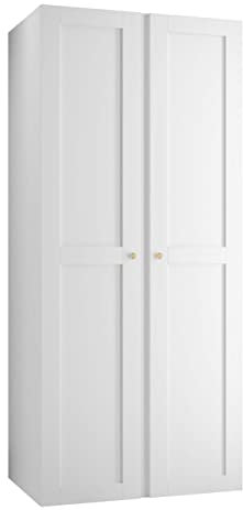 Mirjan24 Kleiderschrank Rotuni 2D, 2-türig Schrank mit 4 Fächer und 4 Doppelhaken, Drehtürenschrank, Garderobenschrank (Weiß)