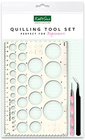 Katy Sue Beginner's Quilling Tool Set - Containing 10mm Quilling Tool, Metal Tweezers with Angled Tip & Quilling Measure Board