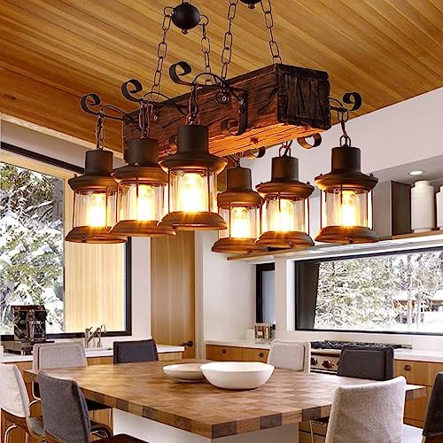 FWX Pendelleuchte Rustikale E27 Holz Lampen Vintage Eiche Hängeleuchte Esstisch Esszimmer Kronleuchter Industrial Metal Hängeleuchte Retro Deckenlampe Industrielampe Landhaus Leuchte Bar Droplight