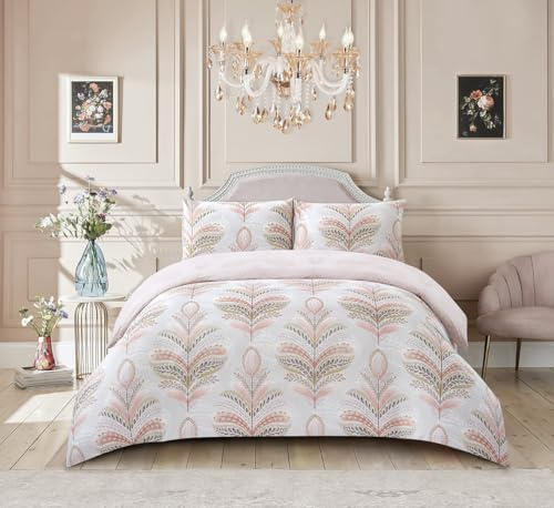 PRIME LINENS Duvet Cover Set 3 Pcs Polyester-Cotton Quilt Cover Bedding Set With 2 Pillow Cases Machine Washable Anti Allergic Duvet Sets (Jasmine Blush Pink, Double)