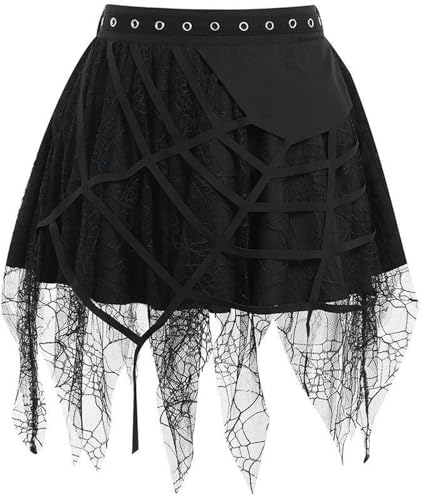 CHOUBAGUAI Gothic Punk Spinnennetz Quaste Spleißrock Kurzer Rock im europäischen und amerikanischen dunklen Stil für Damen-Schwarz-M