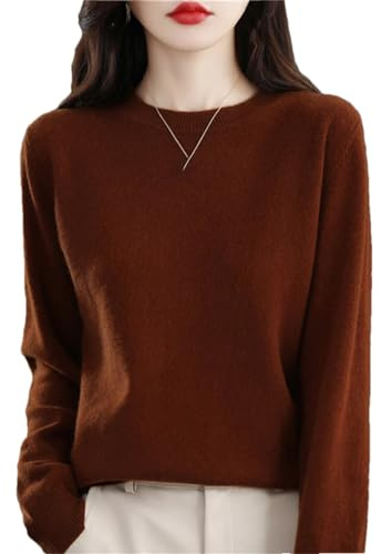 Höst vinter 100 % merinoull tröja kvinnor stickning kashmir pullover enkel V-ringning chic varma toppar, Espresso, L