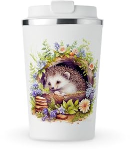 MAXIKIWI – Isolerad dubbelväggig, läckagesäker rostfritt stål mugg, kaffe eller te rese tumlare med lock, håller drycker varma och kalla – igelkott viloläge Haven – 350 ml