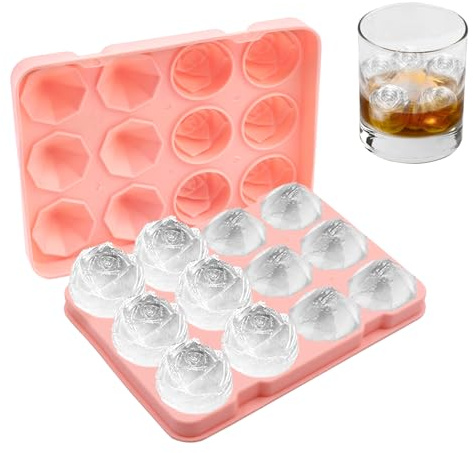 Eiswürfelform Silikon mit Deckel, Mini Rosen Eiswürfelform, 3D Eiswürfel Silikonform BPA-Frei, Wiederverwendbar Ice Cube Tray mit 12 Fächern für Eiswürfel Whiskey Cocktails (Rosa)
