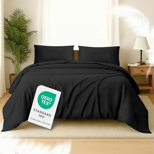 Softex Royal Bettwäsche 200x220 cm 3-teiliges Set – Hochwertige Baumwolle, 1x Bettbezug 200x220 + 2X Kissenbezug 80x80 cm, Öko-TEX, YKK Reißverschluss, hautfreundlich & 60° waschbar, Schwarz