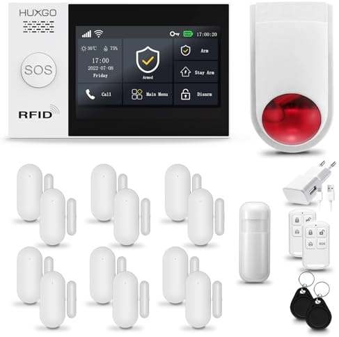 HUXGO® HXA007 Alarme Maison sans Fil WiFi + GSM avec Sirène exterieure sans Fil | Système d'alarme avec détecteur de Mouvement, 12x capteurs de Porte | Kit sécurité Maison, Appartement