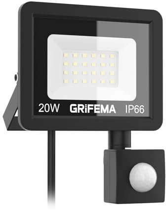 GRIFEMA 20W Faretto LED da Esterno con Sensore di Movimento, 2200LM, 24 LED 6500K Bianca Fredda, IP66 Impermeabile, Faro LED per Giardino, Garage e Cortile, Modalità Regolabili, Senza Spina