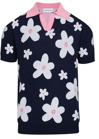 OXKnit Polo skjorta herr kortärmad pikétröja stickad vintage 1960-talet mod style retro pikétröja, Mörkblå blomma, M