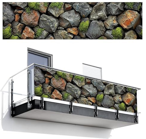 MuchoWow© Balkon Sichtschutz Einseitig 80x300 cm Groß PVC Kunststoff Garten Windschutz ohne Bohren Wetterfest Sichtschutzzaun Terrasse Balkonverkleidung Deko Steine - Steinoptik - Grau - Grün