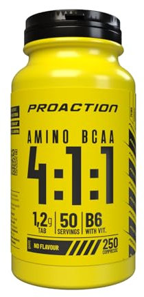 ProAction AMINO BCAA 4:1:1, Integratore in compresse di aminoacidi ramificati BCAA in rapporto 4:1:1 - Con Vitamina B6-50 Utilizzi, Barattolo da 250 g Compresse