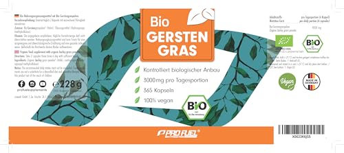 Bio Gerstengras Kapseln 365x - optimal hochdosiert mit 3000 mg Gerstengras-Pulver aus kontrolliert biologischem Anbau - laborgeprüft mit Zertifikat - Vorratspackung für 60 Tage