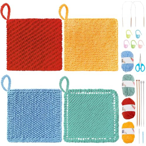 WEBEEDY 4 Sets Colorful Dishcloth Knitting Kit: Complete Beginner's Knitting Kit with Premium Yarn, Detailed Instructions, Adults & Kids