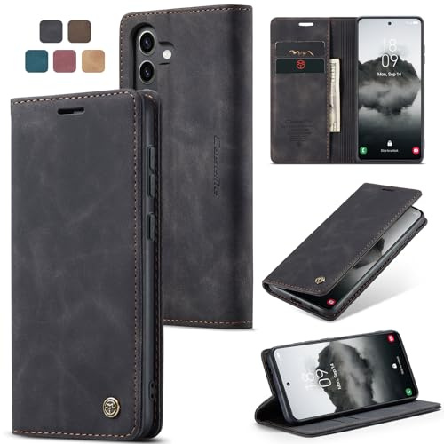 owlhold Fodral Samsung S24 Plus vikbart fodral premium läderfodral mjukt vintage nubuckläder vikbart stativ skyddsfodral kortfack stativfunktion fällbart fodral Samsung S24 Plus 5G – svart