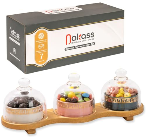Nakass 3x Snackschalen Servierschalen Set aus Keramik mit 3x glasigen Deckels/Dessertschalen mit Bambus Holztablett als bunte Tapas Schalen Serviertablett Süßigkeiten Schale für Esstischdeko