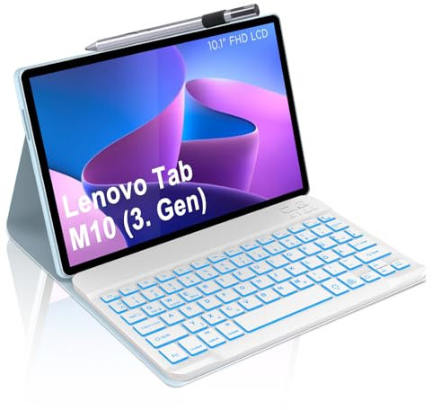 Occtingkind für Lenovo M10 Tastatur Hülle für Tab M10 (3, Gen) 10,1 2023, Abnehmbare Bluetooth Tastatur Schutz mit 7-Farben Beleuchtung für Lenovo TB-328FU/TB-328XU, QWERTZ, USB-C, Himmelblau