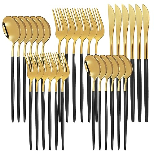 Besteck Set, 30 teiliges Edelstahl Besteckset für 6 Personen, Elegantes Essbesteck Set mit Messer Gabel Löffel, Spülmaschinenfest, Camping Besteckset, Outdoor (Schwarz und Gold)
