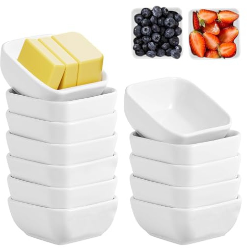 Reh:ncla 12 Stücke Dip Schälchen, 7,3x7,3x3cm Dipschalen Set, Quadrat Sojasauce Schälchen, Keramik Tauchschüsseln, Kleine Mini Schüsse für Saucen Snacks Desserts Vorspeisen Früchten Dips (Weiß)