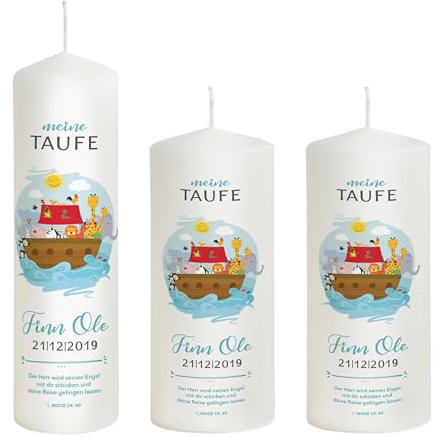 Liamoria® Taufkerze Junge mit Name und Datum Arche Noah in Blau 25 cm inkl. Taufspruch mit 2 Patenkerzen Lange Brenndauer in weißer Farbe - die perfekte Taufkerzen für Jungen