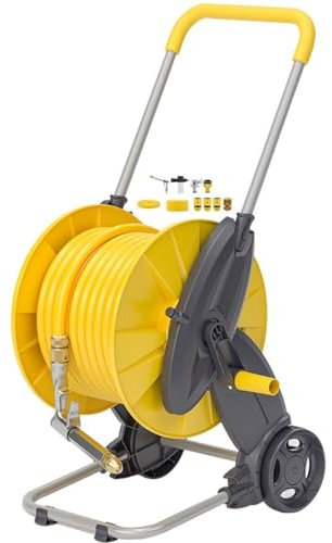 Chariot d'irrigation de jardin portable avec enrouleur de tuyau, chariot de tuyau avec roues, tuyau de nettoyage domestique mobile, organisateur de tuyau avec pneus (chariot de tuyau + tuyau de 50 m)