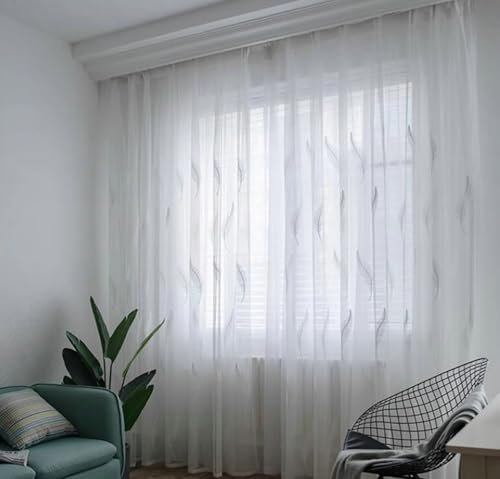 Wycian Fertiggardinen Gardinen Weiss Voile 2er Pack Federn Bestickt H244 x B132 cm (2er Pack) Gaze