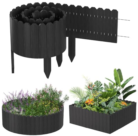 Jaxguom Rasenkante Beetumrandung Rasenkante Holz Flexibler Holzzaun Gartendeko Gartenpalisade für Beeteinfassung, Mähkante Rollborder, Steckzaun Blumenbeet,Anthrazit,Höhe 20 cm