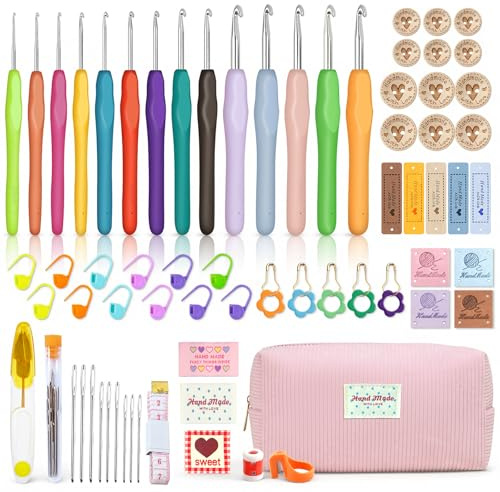 73 Stück Häkelnadel Set 14 Größe Häkelnadeln, Heckel Set Häkeln für Anfänger Set Häkelset für Anfänger, Bunte Ergonomische Soft Gummi mit Handmade Label Holzknöpfe Tragbaren Tasche Häkelzubehör