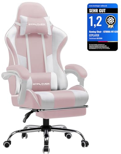 GTPLAYER Bürostuhl Gaming Stuhl Stoff Massage Gaming Sessel Ergonomischer Gamer Stuhl mit Fußstütze, Kopfstütze Massage-Lendenkissen, Gepolstert Gaming Chair, Drehsessel Puderrosa