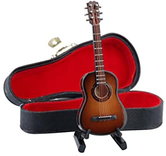 FRCOLOR Mini Chitarra Legno con Supporto e Scatola Decorazione da Tavolo Artigianale per Regalo e Arredamento Elegante