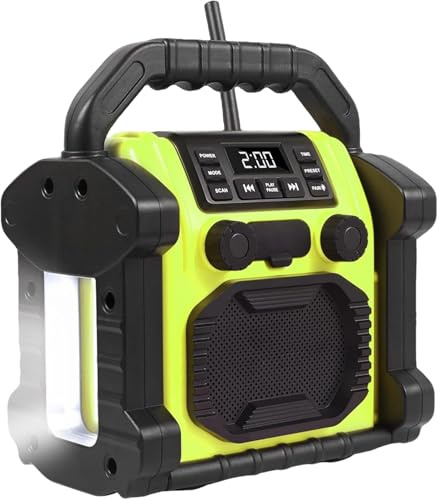 Outdoor Radios Waterproof Jobsite Speaker, 30W IPX 66 8000mAh Battery, Cell Phone Charging, Portable with LED Lights, Portable FM Clock Radio for Outdoor/Work/Garage (Green)