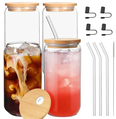 CHUNGG Iced Coffee Cup Set of 4, Glass Cups with Wooden Lid and Glass Straw, 17oz Transparent Iced Coffee Caps with Sponge Brush and Straw Cap, for Smoothies, Beer, Cola, Juice, Whiskey Soda (500 ml)