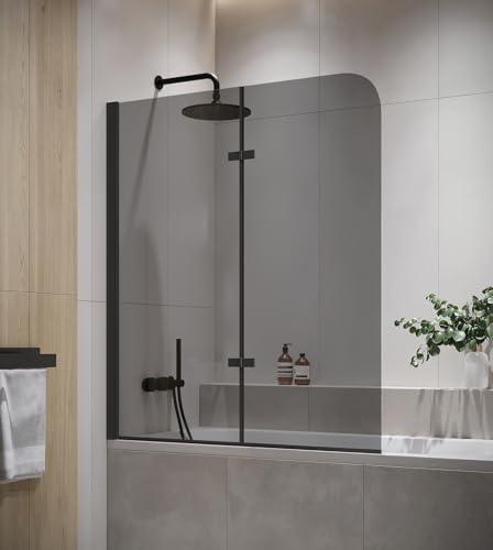 Badplaats Duschwand für Badewanne Austin 120 x 140 cm Schwarz - Drehbare Duschtrennwand mit 5 mm ESG Rauchglas, Nano-Beschichtung