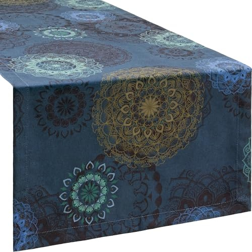 Erwin Müller Tischläufer Mandala blau Größe 40x170 cm - robuste, strapazierfähige Qualität, pflegeleicht, samtige Oberfläche