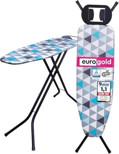 EUROGOLD® Bügeltisch 120x38 cm – Bügelbrett höhenverstellbar, stabil & kompakt klappbar, metallisierter Bezug für schnellere Hitzereflexion, große Bügelfläche, Made in Europe, Lagune