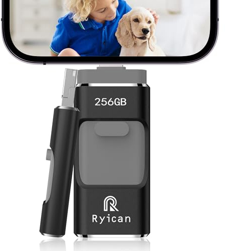 Pendrive para Phone Ryican 256G Memoria USB Transmisión de Alta Velocidad 4 en 1 Photostick USB 3.0 Memoria Externa para iOS/Pad/Android/Teléfono/PC, Tiene Función de Protección Contraseña(Negro)