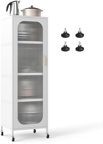 FANTASK Küchenregal mit 5 Etagen, Vitrinenschrank auf Rollen mit verstellbaren Regalen, schmal Mehrzweckschrank mit halbtransparentem Tür, Highboard Metall für Esszimmer, Bad und Wohnzimmer (Weiß)