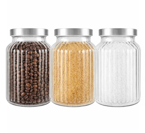 Maury's Set 3 Barattoli Classici con Tappo in Metallo - in Vetro Trasparente, Vasetti per Cucina, per Alimenti, Caffè, Zucchero, Sale, Spezie, Capacità 750ml - Dimensioni 11x16h cm
