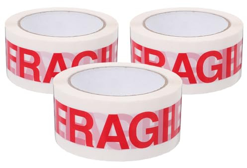 AMUSLESUR 3 Rollen Verpackungsklebeband „zerbrechlich“ 48mm X 66m Rot Weiß Stark Haftend Versandaufkleber für Empfindliche Pakete und Umzüge