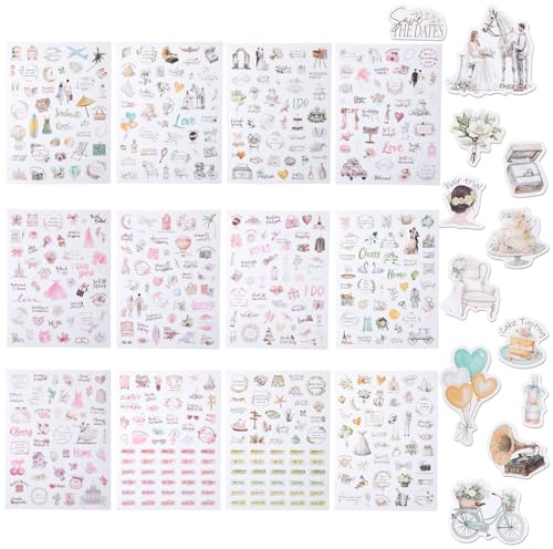 12 Blatt Sticker Hochzeit Gästebuch Aufkleber Hochzeit, Vintage Hochzeitssticker für Gästebuch, Fotoalbum und Scrapbook, romantische Motive