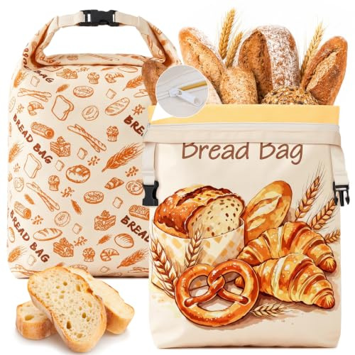 Myfivo Bienenwachs Brotbeutel 2er Set 43x33 cm, Wiederverwendbare | Brotbeutel Leinen mit Reißverschluss & Tragegurt, Brotsack zum Frischhalten für Sauerteigbrot & Brotaufbewahrung