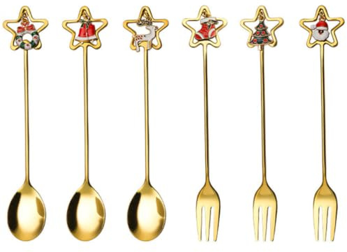 HOMOBABE Set 6 Pezzi Posate Natalizie in Acciaio Inossidabile, Cucchiai e Forchette da Dessert Impugnatura Comoda e Superficie Liscia per Hotel e Caffè