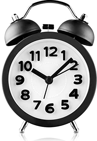 PILIFE 3 Mini Non-ticking Vintage Classic Bedside/Analogue Alarm Clock with Backlight, Battery Operated Travel Clock, Round and Loud Twin Bell Alarm Clock - Black