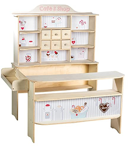 Roba 480020 butiksbutik, barn shoppingmansbutik 'Café und Shop', trä, försäljningsställ 6 lådor, sidodisk och disk med favorittryck, natur/vit