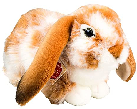 Teddy Hermann 93791 Hase Widder-Kaninchen liegend Hellbraun-Weiss gescheckt 30 cm, Kuscheltier mit idealem Recyclinganteil (Füllmaterial)