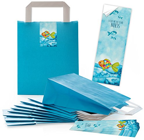 Logbuch-Verlag 25 blaue Papiertüten mit Tragegriff 18 x 8 x 22 cm + 25 Sticker REGENBOGENFISCH Schön, dass du da bist - Verpackung Gastgeschenk Taufe Kommunion