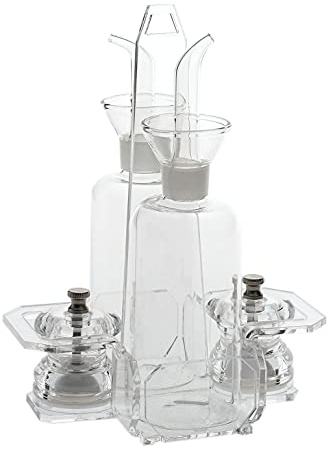 Agplex porta olio aceto sale pepe con macinini integrati, menage cucina con bottiglie salvagoggia da 250 ml e 2 macina sale e pepe, Set elegante e resistente per tavola e cucina - Made in Italy
