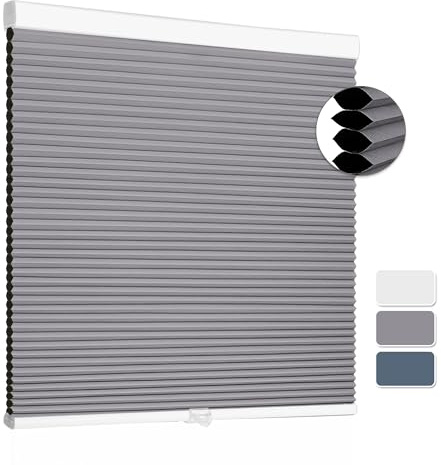 Cellular Shades Cordless Blackout Blinds Honeycomb Window Shades for Bedroom, Blinds for Window and Door, Home and Office, White-Grey, 34 W x 64 H SUNFREE